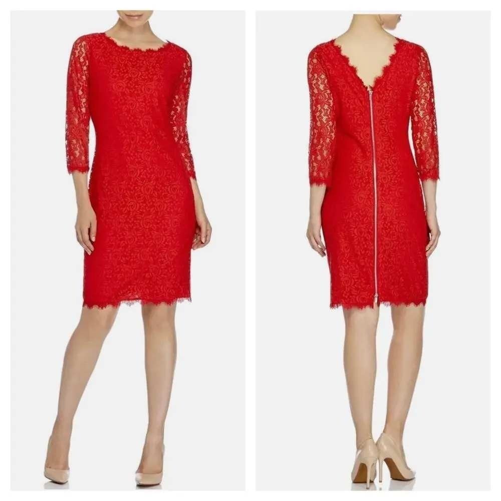 Diane von Furstenberg Colleen Sheeth Dress Womens 4 Red Floral Lace 3/4 Sleeve